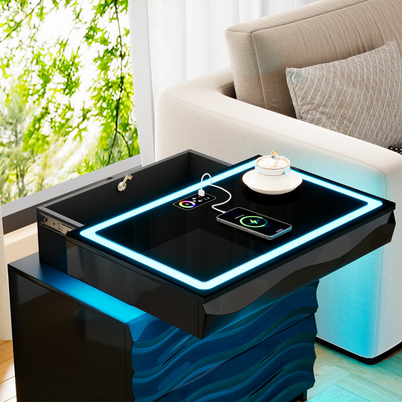 Table de chevet moderne à DEL avec éclairage RVB, détecteur de mouvement et 3 tiroirs – Table de chevet texturée avec plateau en verre et ports USB/Type-C