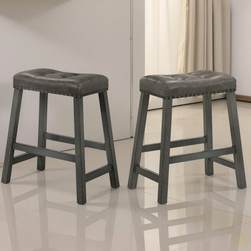 Set Of 2 Rustic Counter Stools, 25-Inch Backless Wooden Farmhouse Barstools With Faux Leather Seat, Distressed Finish, Space-Saving Design