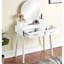 Meuble-lavabo et tabouret en blanc - aspect contemporain, poignée de tiroir en métal, dessus de table de P 15,75 po, conception en H 30,24 po, structure en bois d'hévéa massif, diamètre du miroir de 19,68 po,-57022189