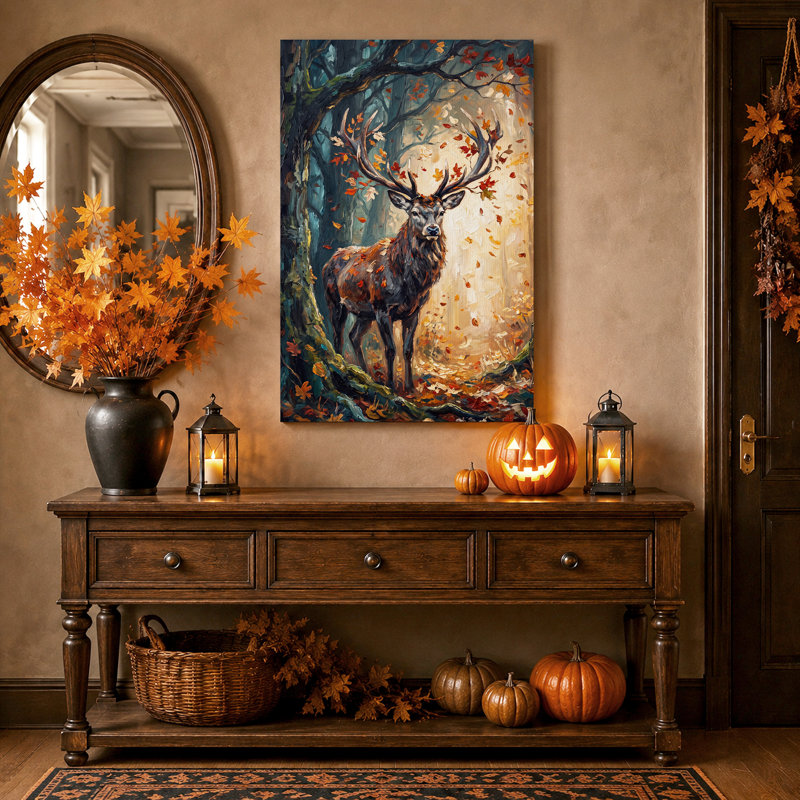 Cerf dans une forêt d'automne avec des feuilles mortes - Toile murale d'Halloween, 24"H x 16"W