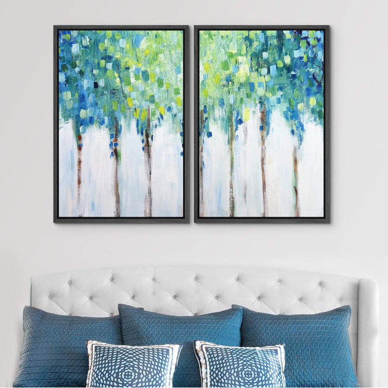 Bleu, vert, fleur, clôture, plantes sauvages, art moderne, campagne, paysage coloré, 2 pièces, Noir, H 24 po x l 16 po