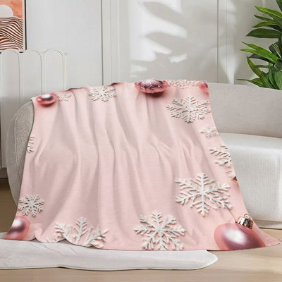 1Pc Pink/White Snowflake Bauble Festive Blanket, Soft Christmas-Themed Cozy Decor, For Holiday Celebrations, For Sofa/Bed/Travel, 30*40