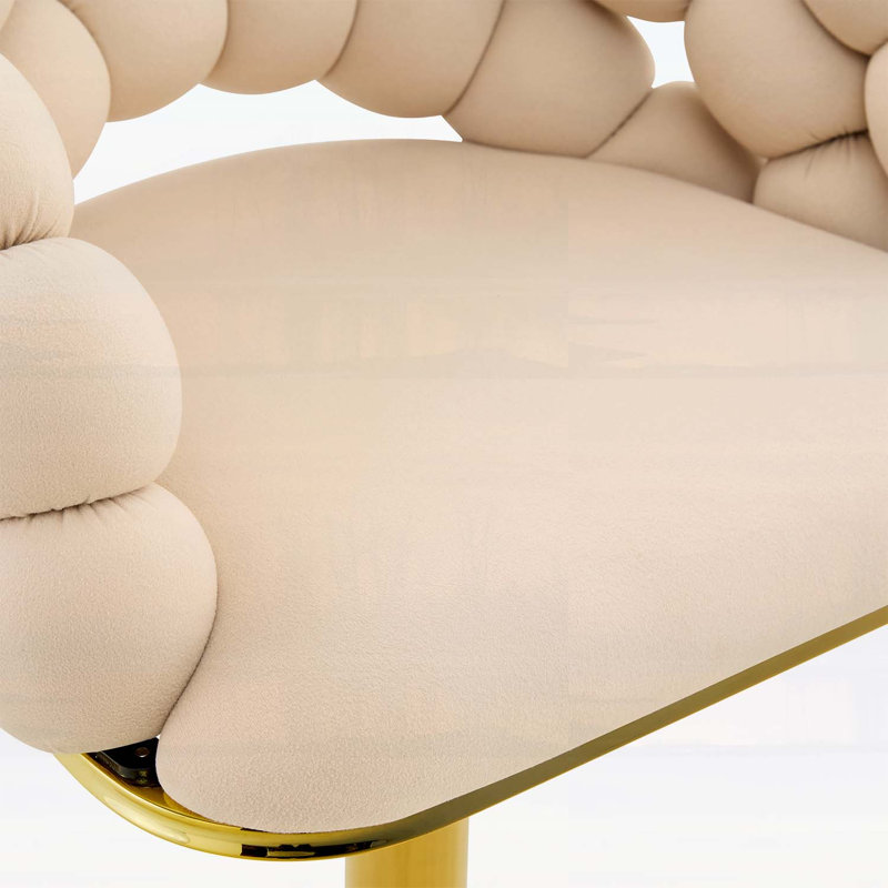 Set Of 2 Beige Puffy Bubble Chair Ball Chain Chair Velvet Bar Stools With Gold Legs, Modern Tufted Adjustable Bar Chairs For Kitchen Island & Home Bar