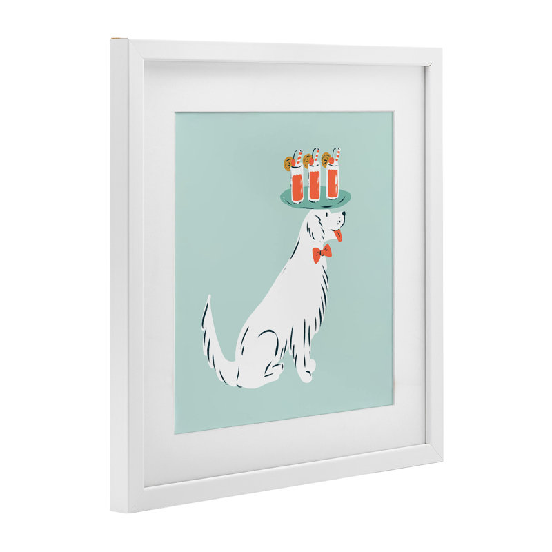 «Drink Tray Dog», impression sous verre encadrée par Krissy Mast, H 16 po x l 16 po, Cadre blanc côtier