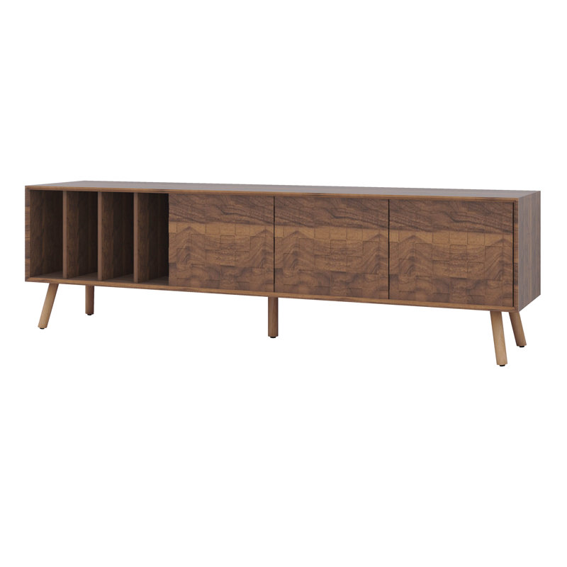 Meuble télé en bois, console multimédia avec 3 armoires et 4 espaces ouverts