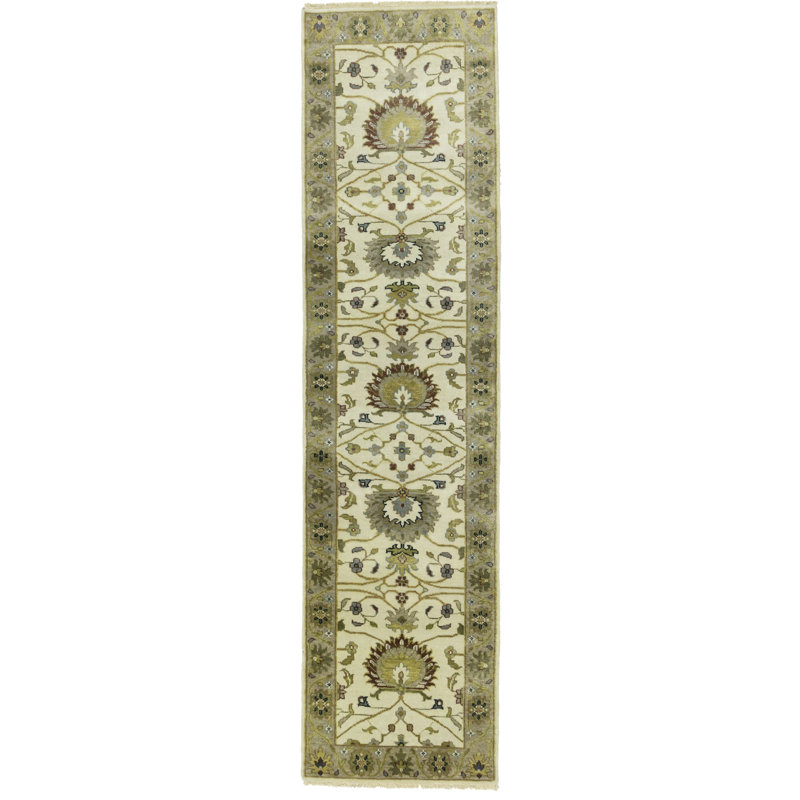 Tapis de couloir crème en laine noué à la main 2 pi 6 po x 9 pi 10 po Floral