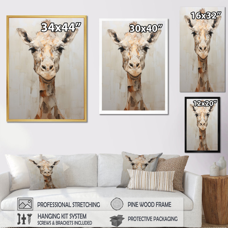 Minimalisme, girafe beige sur toile, Cadre flottant doré, H 40 po x l 30 po x P 1,5 po