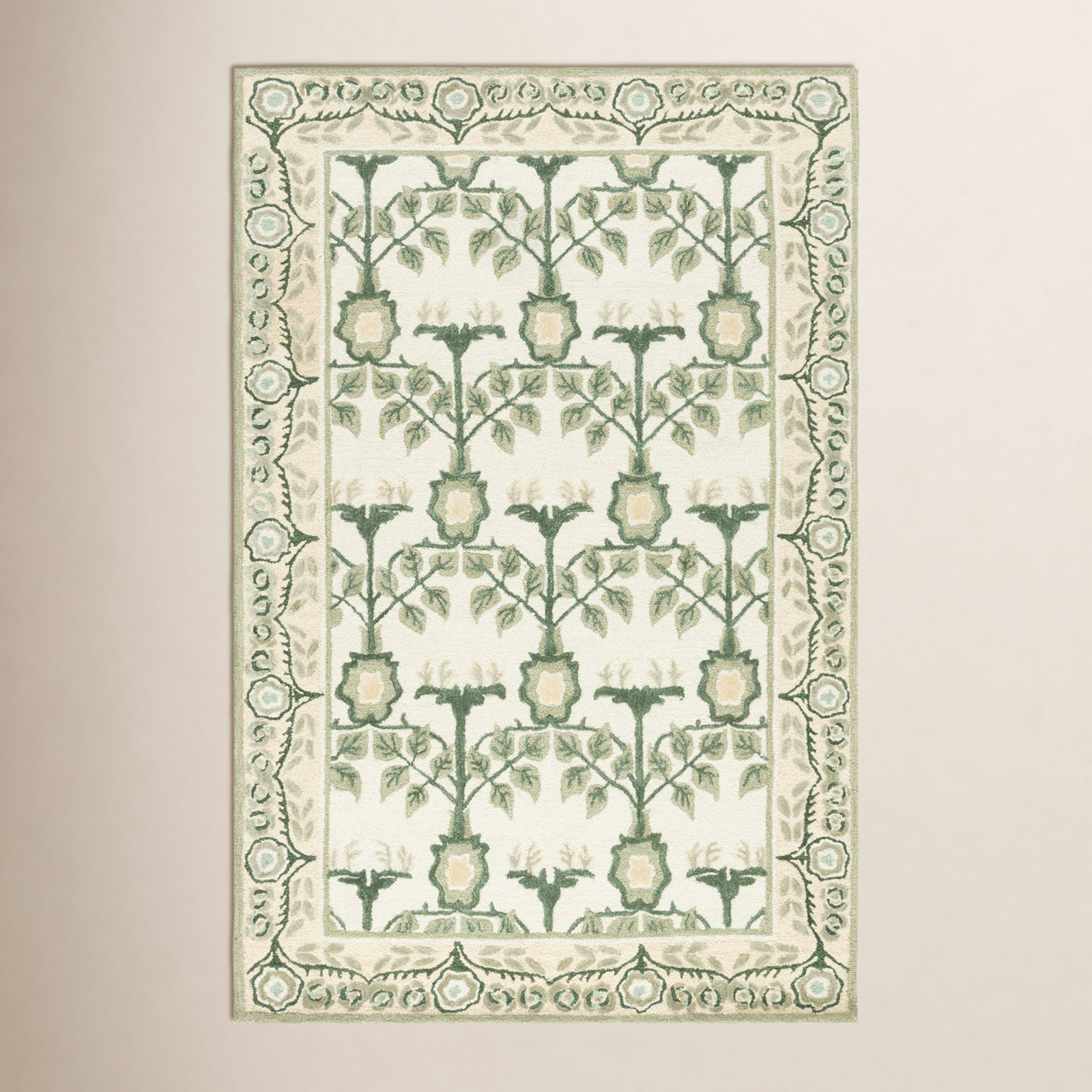 Ivory Sage Hand-Tufted Floral Wool Rug, Rectangle 4' x 6'