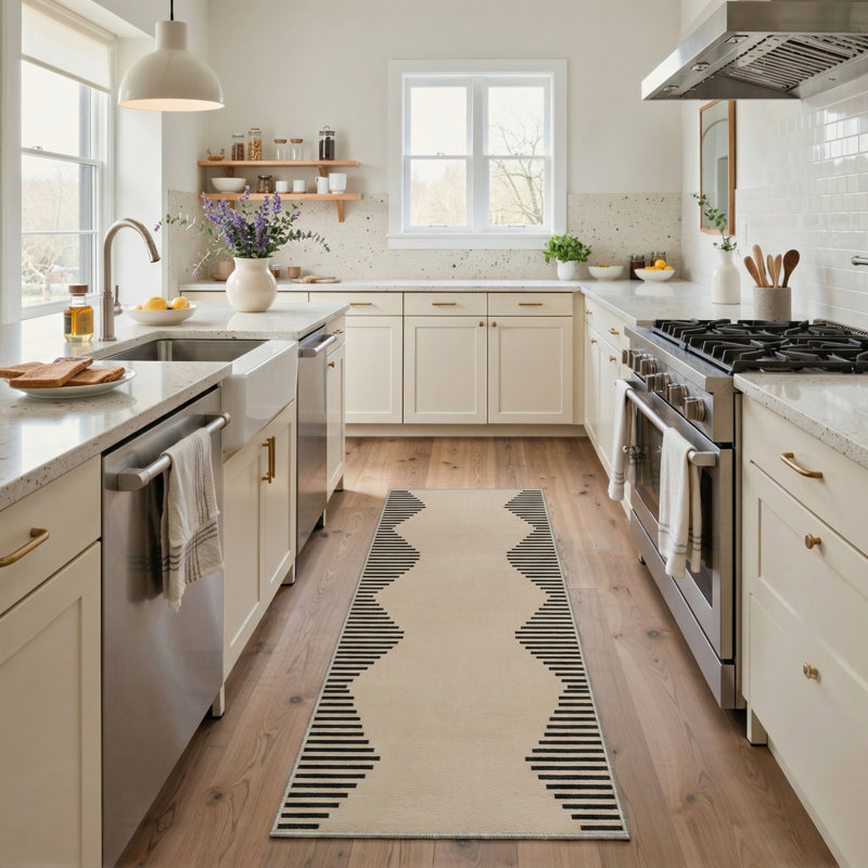 Abdellah Minimalist Geometric Wave Machine Washable Beige / Brown Indoor Area Rug with Non-Slip Backing, Runner 2'3" x 6'