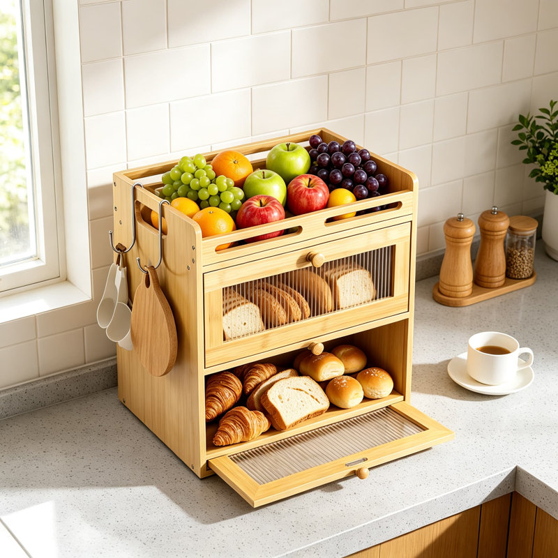 Boîte à pain pour comptoir, organisateur de rangement en bambou à deux niveaux avec tablette supérieure, crochets banane, portes magnétiques en acrylique, contenant hermétique et ventilé pour le pain, les collations et les fruits.