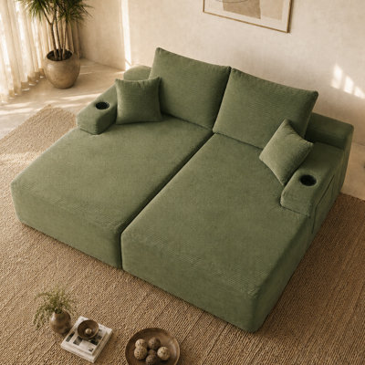 L-Shaped Chaise Lounge 69" Fabric Green No Assembly Required, Deep Seat