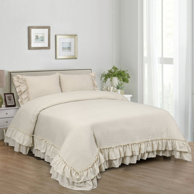 Size 3 Piece Ultra Soft Pre-Washed Duvet Cover Set with Handmade Ruffle Fringe, Camel, King Duvet Cover + 2 King Shams