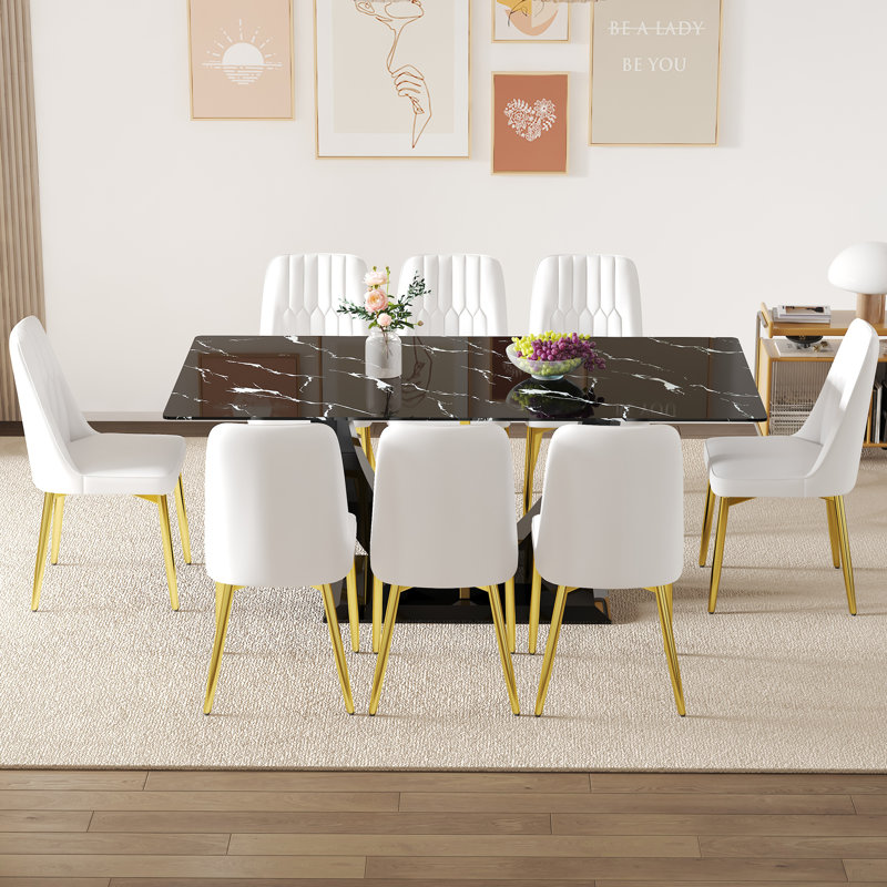Ensemble repas élégant en verre de marbre noir avec 8 chaises en polyuréthane blanc