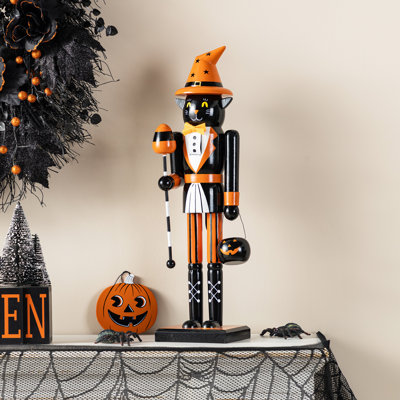 18.50"H Halloween Wood Black Cat Nutcracker W/Pumpkin Ornament