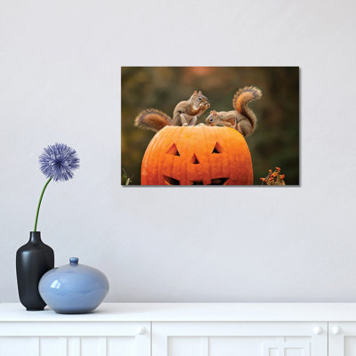 Red Squirrels And Pumpkin by Karen Burke - Wrapped Canvas Photograph