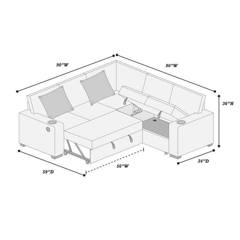 Canapé modulaire convertible 3 pièces Wetzel, Velours côtelé gris foncé