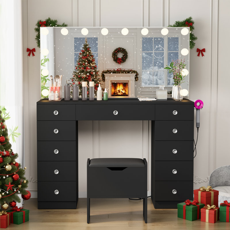 Greyden Vanity With 11 Drawers & Storage Stool, White Marble