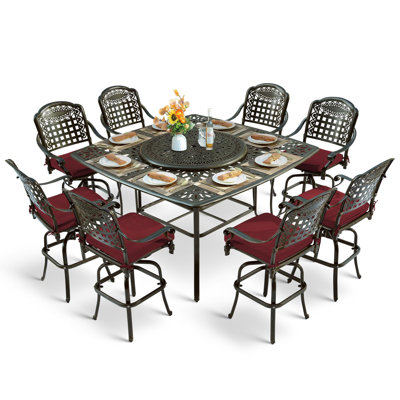 10-piece Outdoor Bar Set, All Weather Cast Aluminum High Patio Dining Set With 8 Cushioned Swivel Bar Stools, Large 64" Square Patio Bar Height Table by Bloomsbury Market
