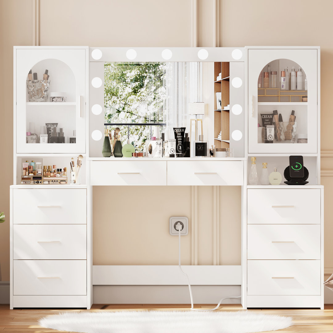 Latitude Run 61.9" L Large Vanity Desk With Mirror & Lights, Large Makeup Vanity Table With Charging Station, Bedroom Makeup Vanity With 8 Drawers And Side Cabinet, 3 Led Light Modes, White Latitude Run®