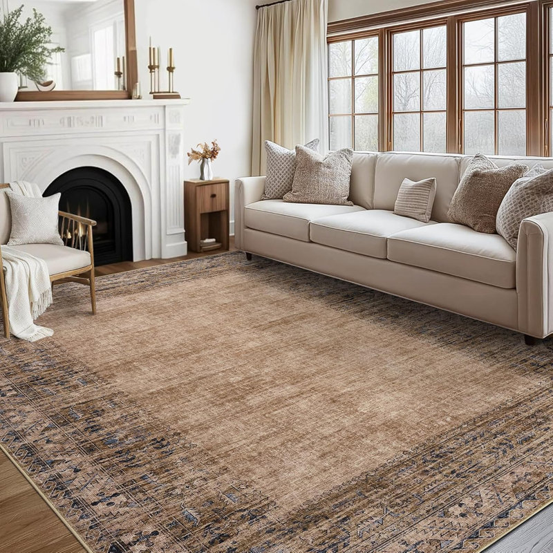 Washable Vintage Border Runner Rug Non-Slip Low Pile Stain-Resistant Boho Throw Carpet for Kitchen Hallway Living Room Bedroom Taupe/Brown.
