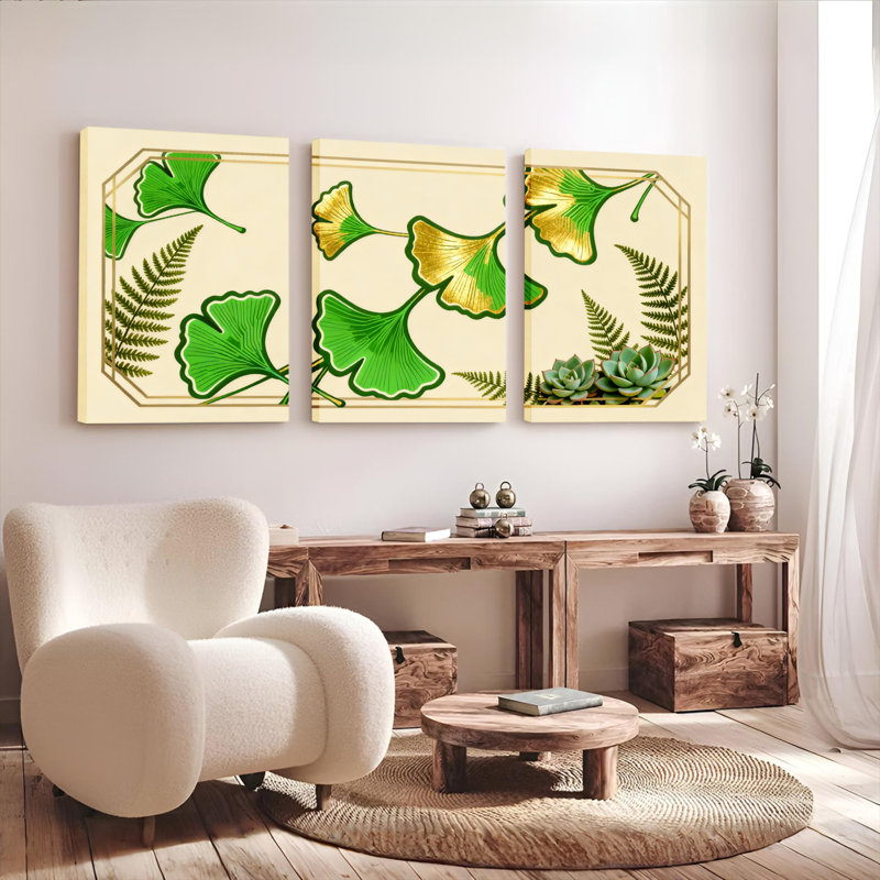 «Ginkgo Leaf and Fern Botanical», reproduction d'art sur toile tendue sur toile (ensemble de 3), H 36 po x l 72 po