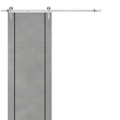 Porte coulissante de style grange avec quincaillerie en acier inoxydable, supports de rail en béton Planum 0017, ensemble robuste argenté, portes intérieures modernes à panneaux pleins - 107 cm x 244 cm - Rail argenté