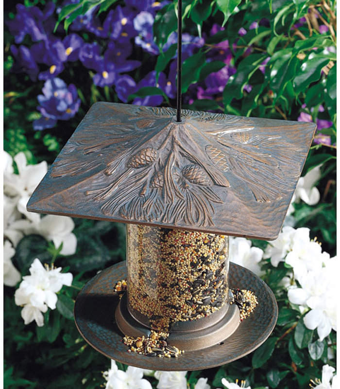 French Bronze Hanging Metal and Wood Squirrel Resistant Tube Feeder