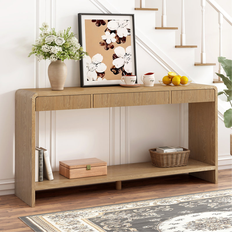Console moderne à 3 tiroirs avec lattes verticales, conception à bord arrondi, parfaite pour le vestibule, le couloir ou derrière le canapé