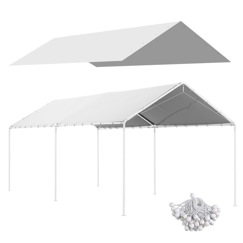 10' X 20' Carport Replacement Top Canopy Cover, UV Resistant And Water Resistant Car Port Portable Garage Tent Cover With Ball Bungee Cords, White, Only Cover