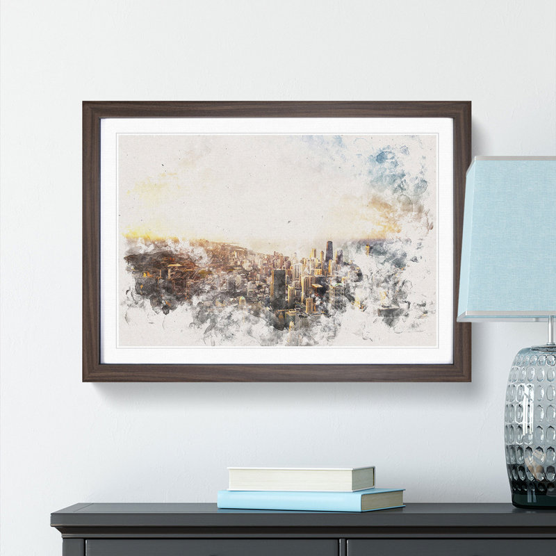 High over the Chicago Skyline - Picture Frame Painting Print, 45cm H x 63cm W x 2cm D, Walnut Framed