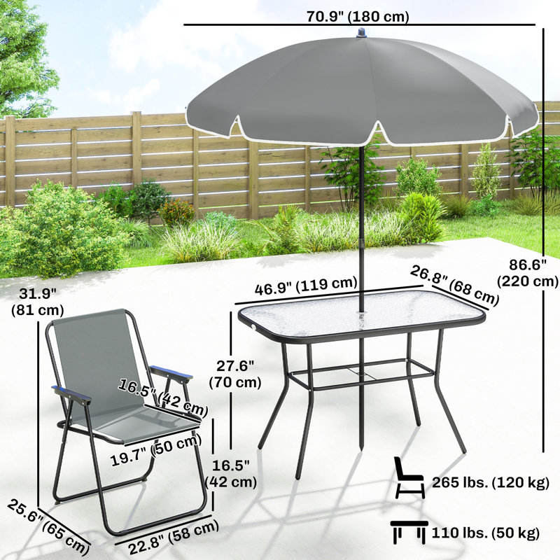 Ensemble 8 pièces de table et chaises de patio avec parasol pour jardin, gris, Gris