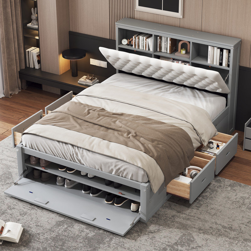 Lit plateforme tapissier Shirae, Gris