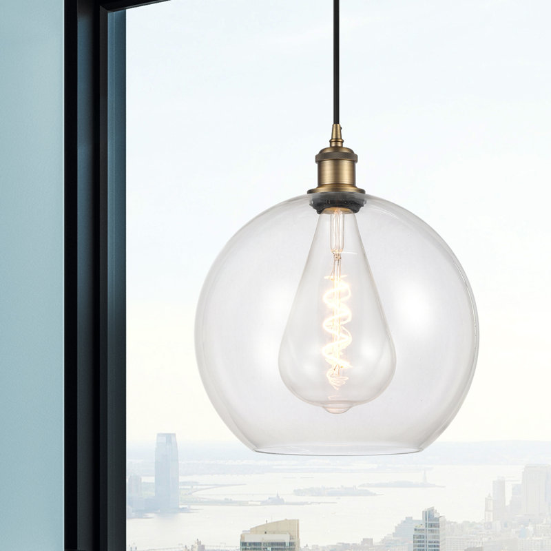 Luminaire suspendu en forme de globe à 1 lumière Hamida, H 16,38 po x l 11,75 po x P 11,75 po, Transparent, Laiton brossé