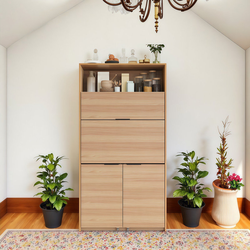 Compact Kitchen Pantry Buffet with Foldable Workstation & Built-in Power Outlets, Natural