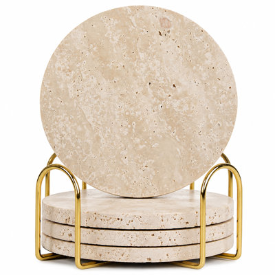 Natural Travertine Marble Coasters Set of 4, Round Stone Drink Coasters with Gold Metal Storage Holder, Absorbent Porous Travertine Coasters with Anti-Slip Cork Backing for Coffee Table, Dining & Bar Decor