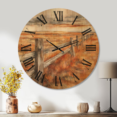Horloge murale rustique en bois campagne - Clôture en bois le long des champs d'automne