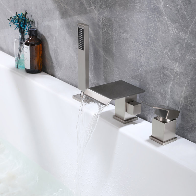 Robinet de baignoire romaine en laiton à fixation sur le comptoir avec douche à main, Nickel brossé