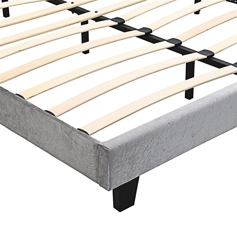 Bouton de lit rembourré capitonné avec support en lattes de bois massif, Gris clair