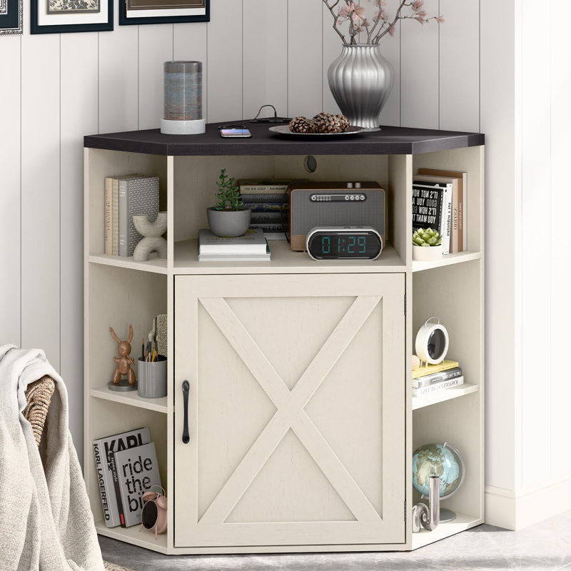 Corner Storage Shelf With USB Ports And Outlets Industrial Organizer, White/Black