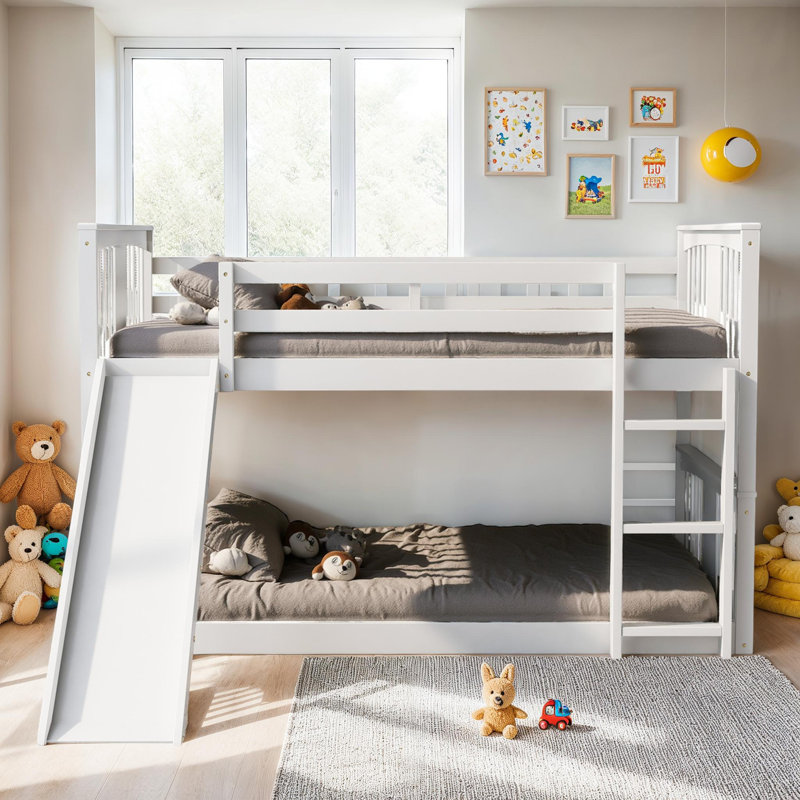 Lit superposé double sur double avec glissière et échelle, Blanc