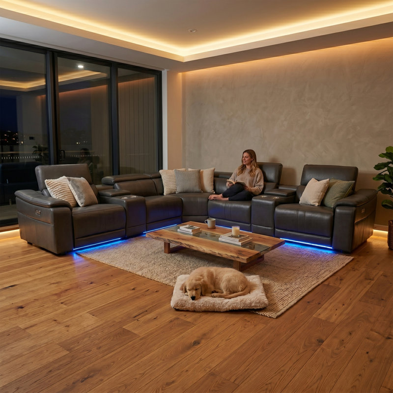 Canapé modulaire inclinable électrique en cuir Arron, Gris