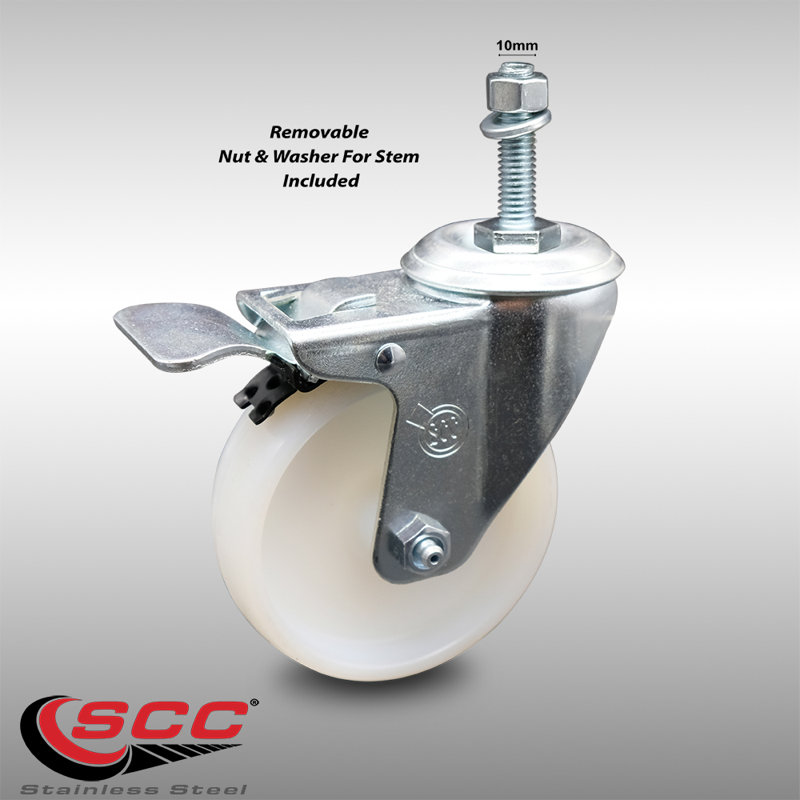 4 Inch SS Nylon Wheel Swivel 10mm Threaded Stem Caster with Total Lock Brake