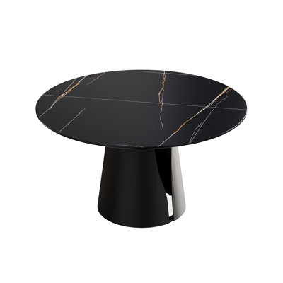 Modern 6 Dining Table With 54.15" Sintered Stone Round Tabletop & Firm Black Structure For 6, Made Of Carbon Steel Base