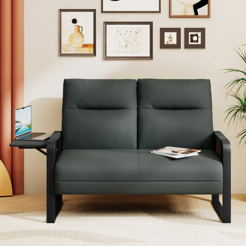 49.6" Faux Leather Mid-Century Loveseat 2 Seater Sofa, Gray