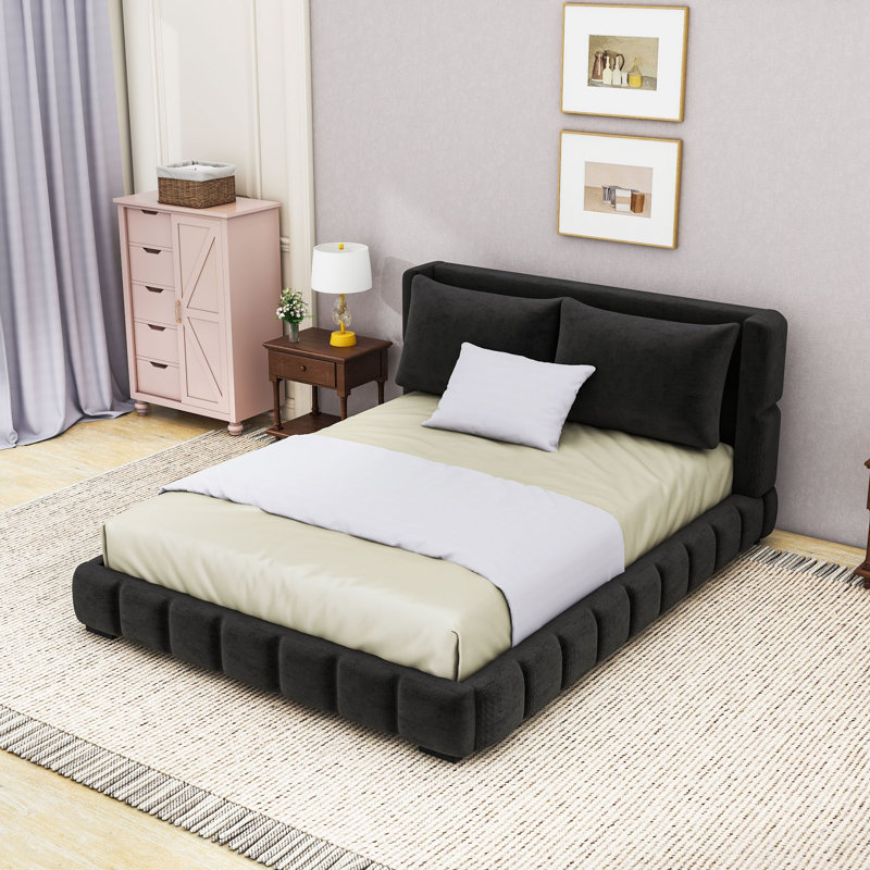 Lit plateforme tapissier avec 2 coussins, Noir, Grand lit