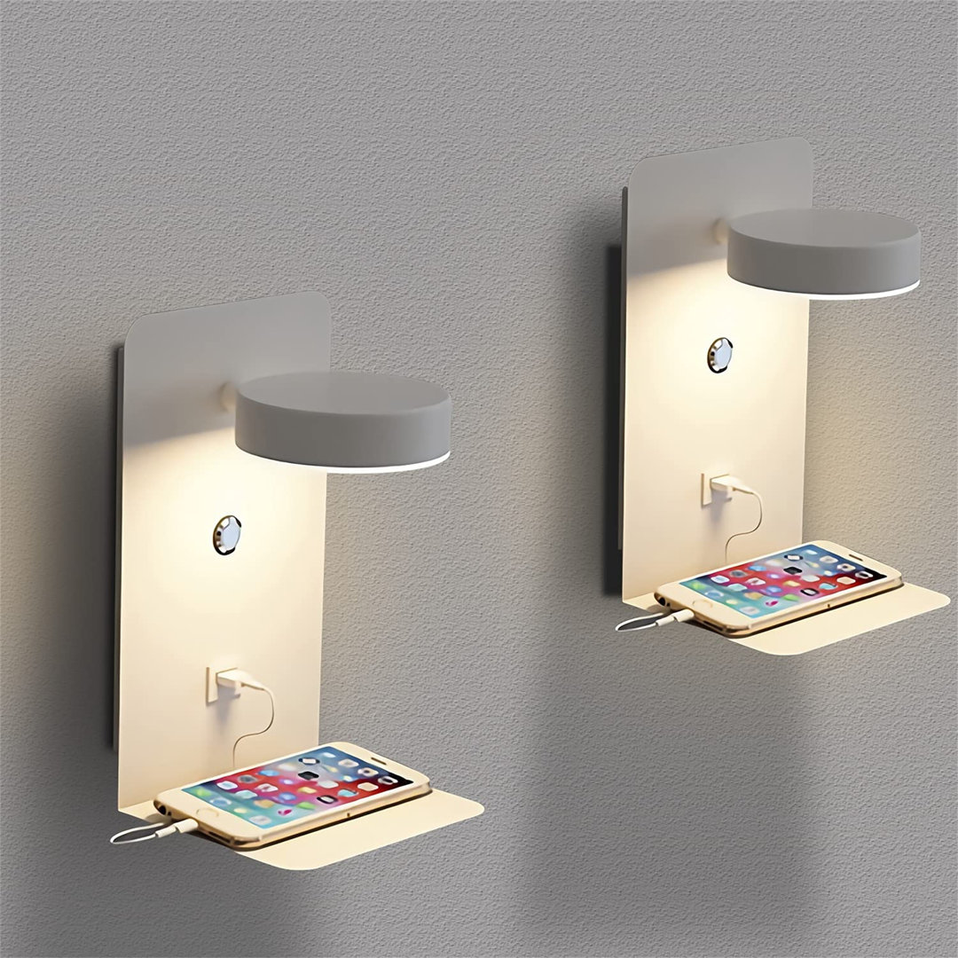 2 Pcs LED Indoor Bedside USB Wall Lamp, Bedside Wall Lights With Switch Tricolor Adjustable, Wall Light With USB Port And Shelf, Adjustable Bedside Re