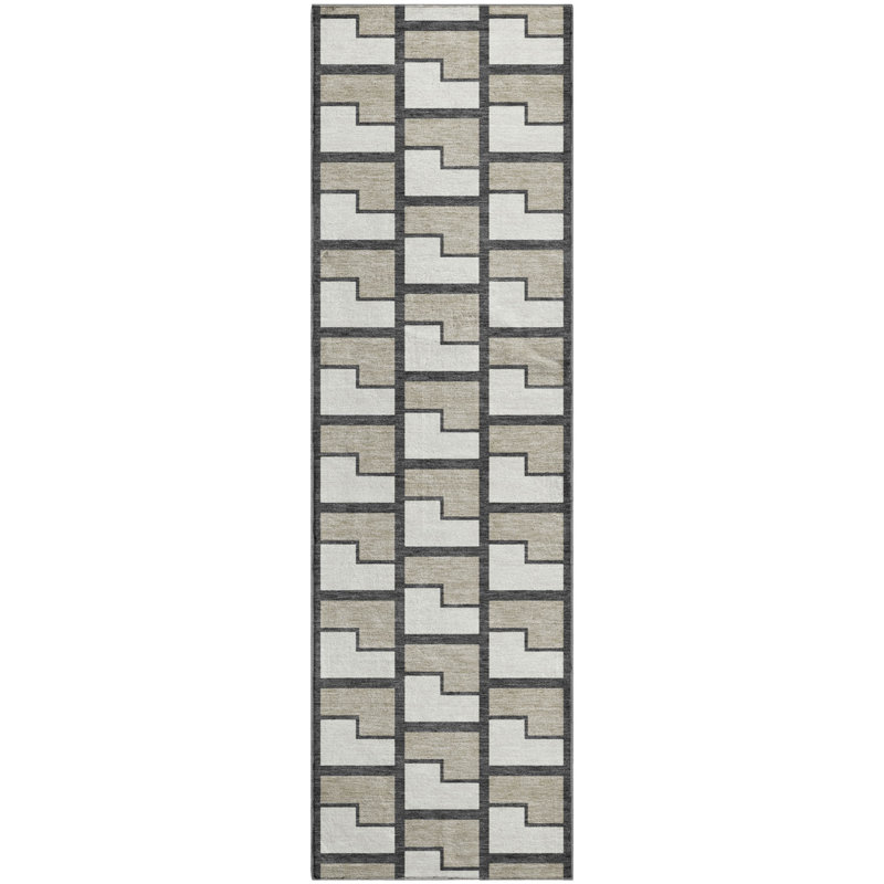 Premium Machine Washable Mayfield AMF2416 Geometric Rug, 2'3" x 7'6" Runner, Ivory