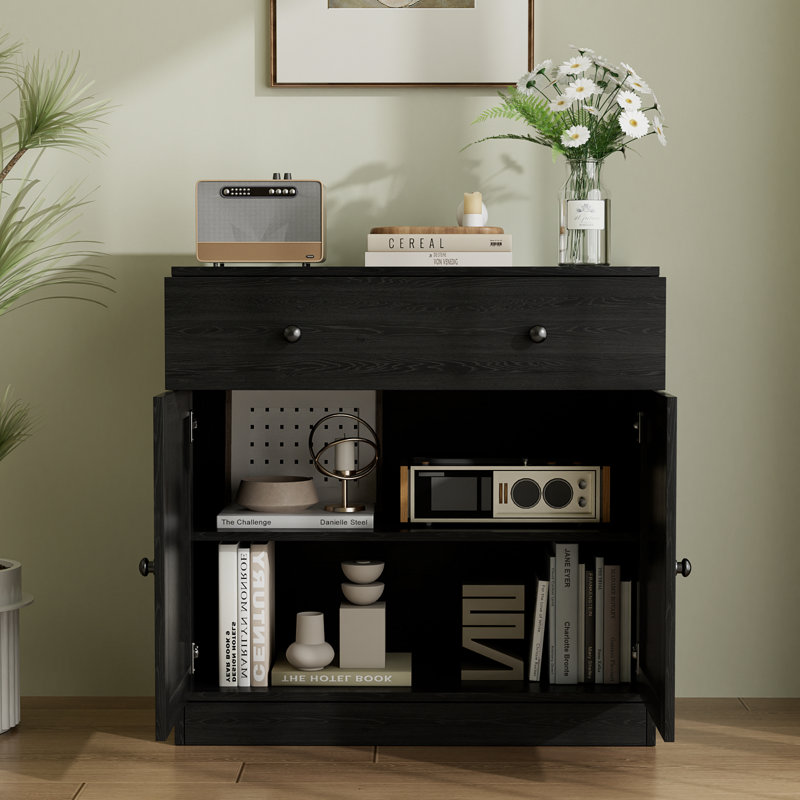 Marta Shaker Black Accent Cabinet with Drawer— 31.5"W x 15.7"D x 31.5"H, Black