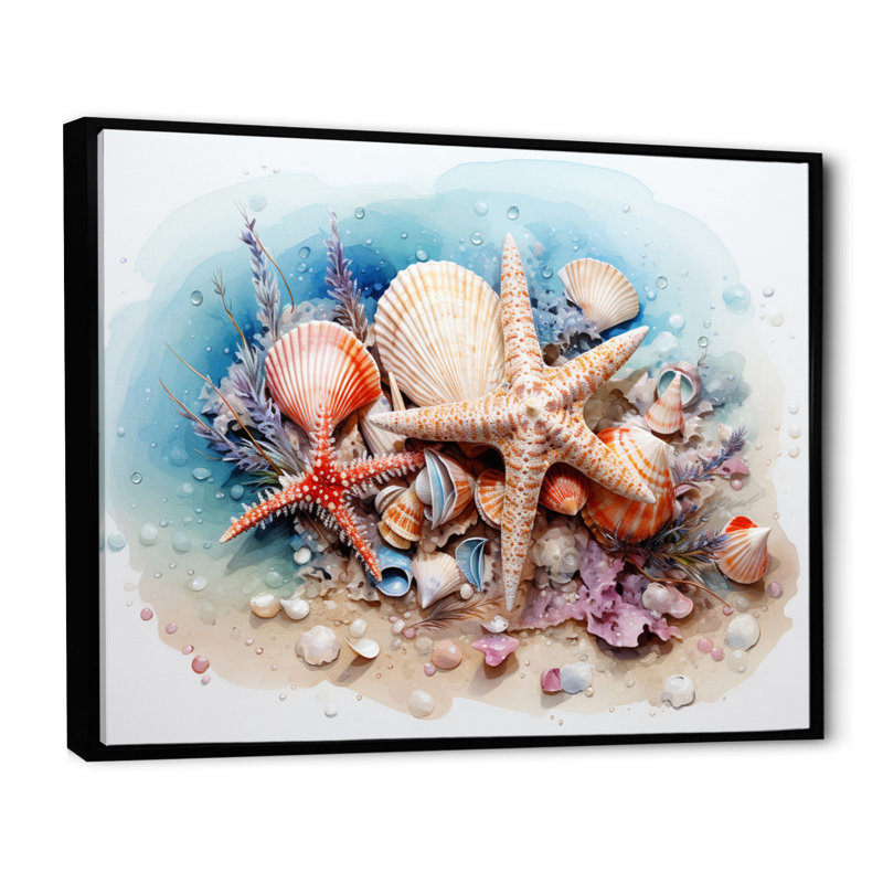 Trésors de la mer sur toile, H 16 po x l 32 po x P 1 po, Cadre flottant noir