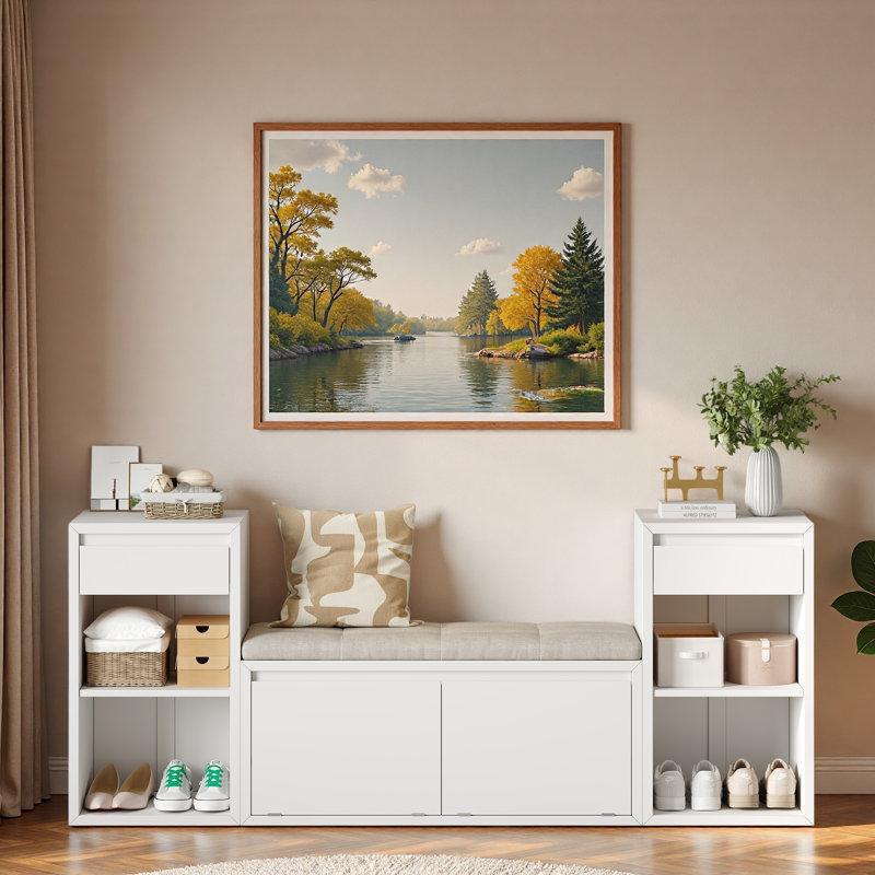 Banc de rangement avec coussin, compartiments, tiroirs et tablettes ouvertes, Blanc